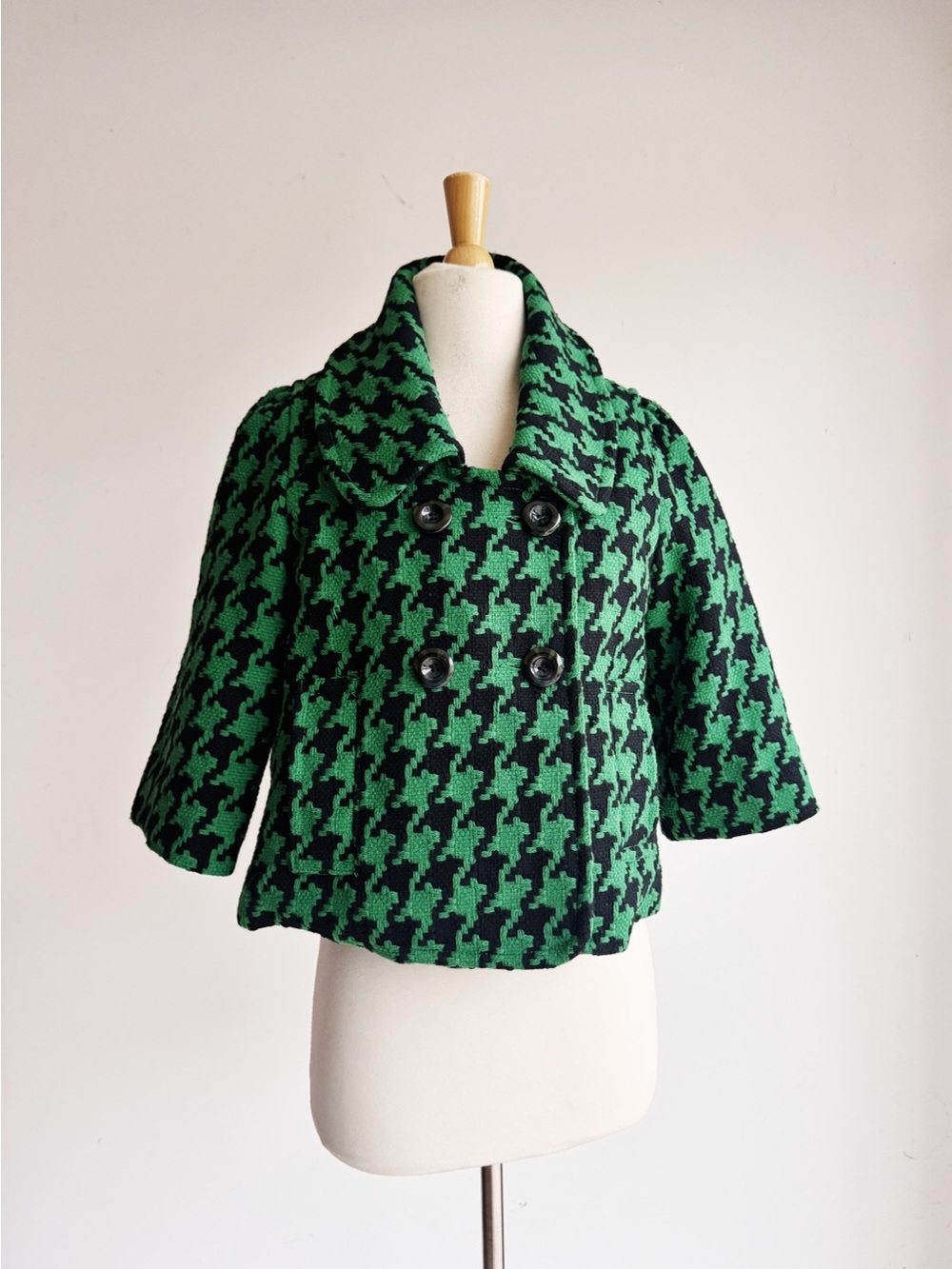 Priorities Green Black Houndstooth Cropped Wool Blend Coat Jacket M